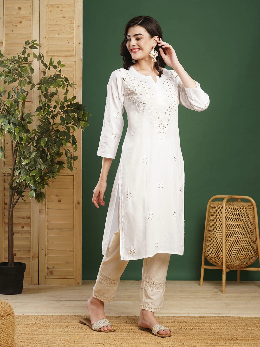 Ada Hand Embroidered White Cotton Lucknowi Chikankari Straight Kurta with Gota Patti Work A411369