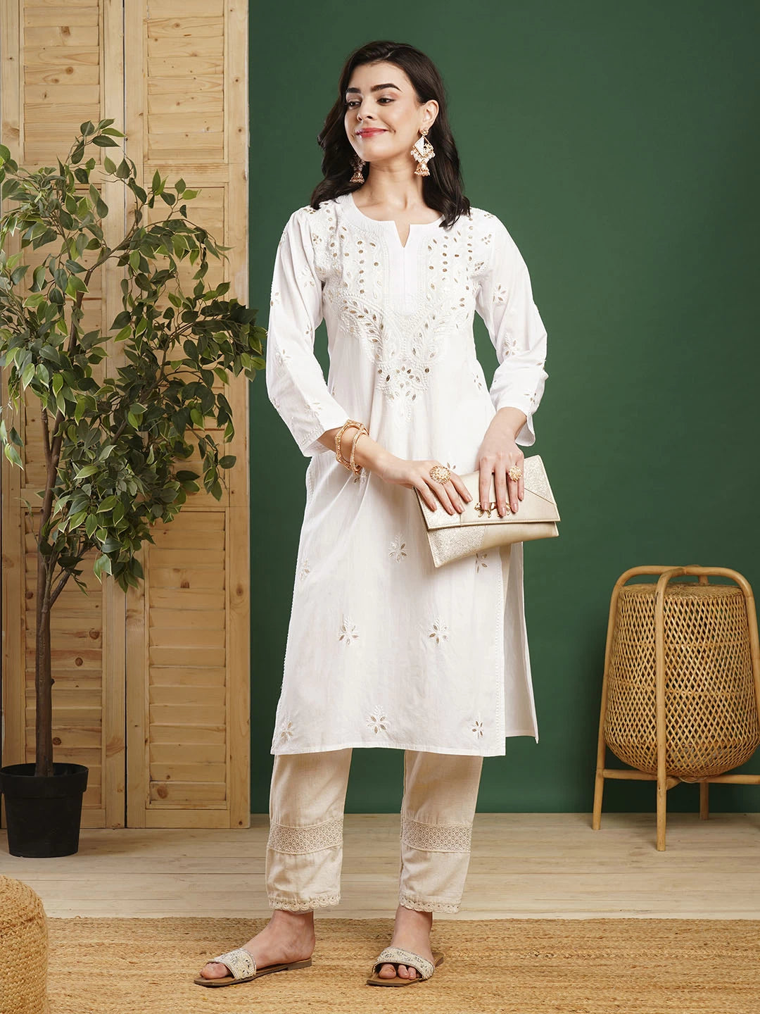 Ada Hand Embroidered White Cotton Lucknowi Chikankari Straight Kurta with Gota Patti Work A411369