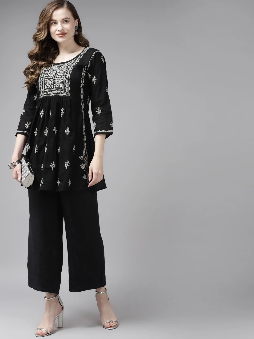 Ada Hand Embroidered Black Cotton Lucknowi Chikankari Short Kurti A911170