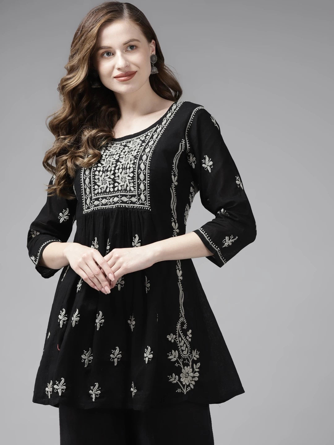 Ada Hand Embroidered Black Cotton Lucknowi Chikankari Short Kurti A911170