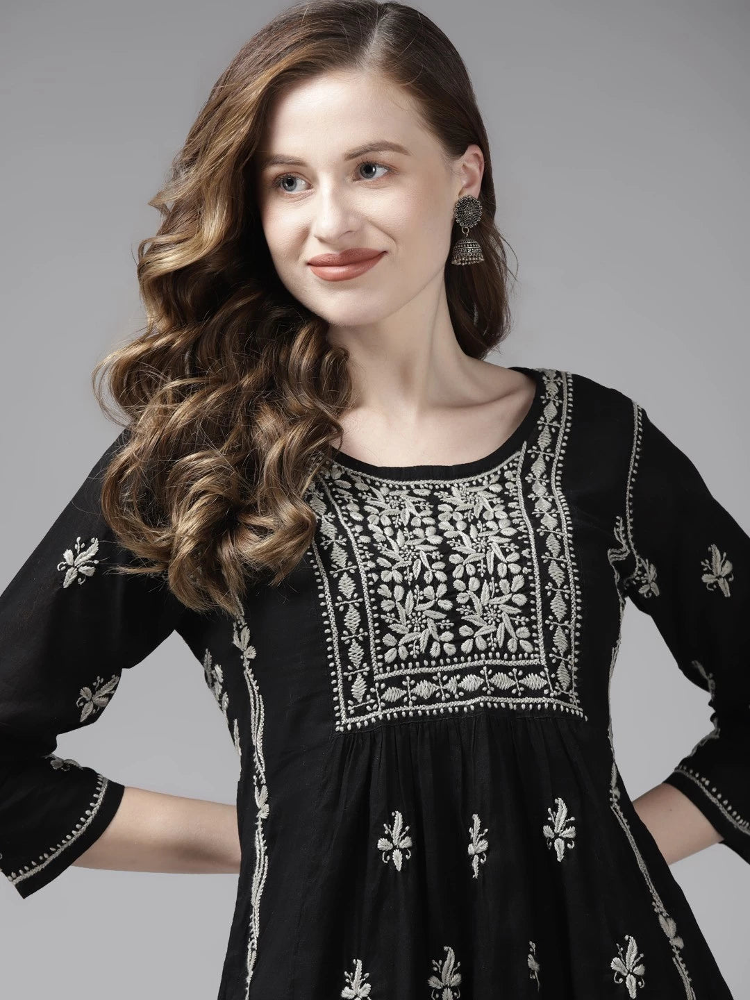 Ada Hand Embroidered Black Cotton Lucknowi Chikankari Short Kurti A911170