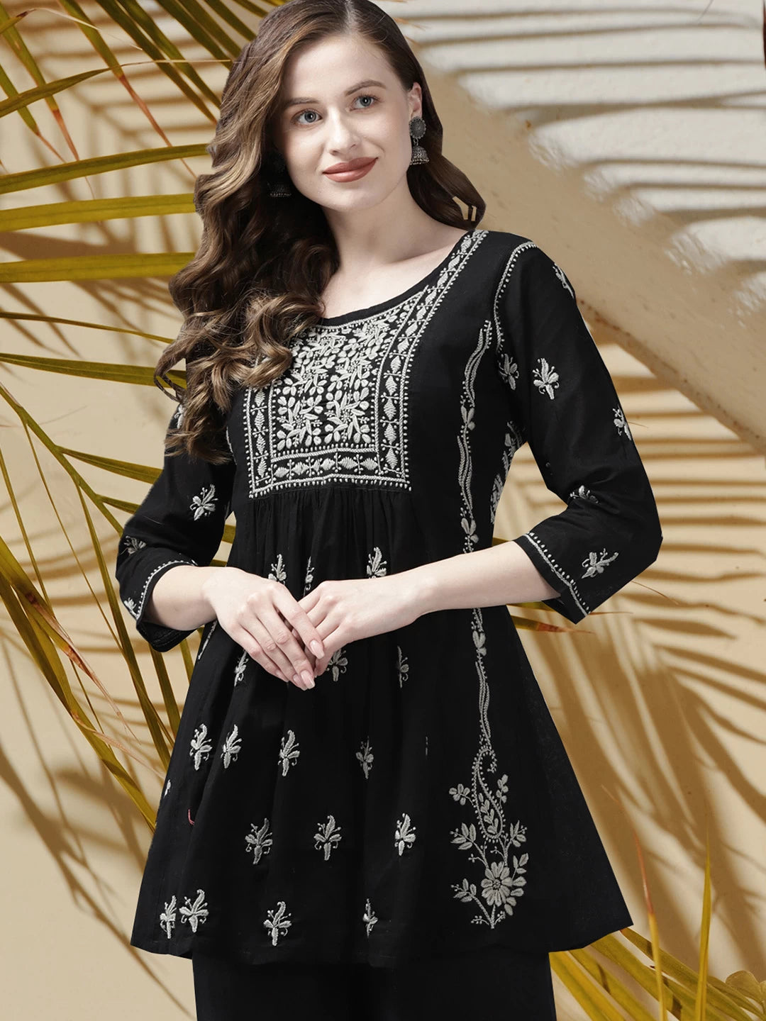 Ada Hand Embroidered Black Cotton Lucknowi Chikankari Short Kurti A911170
