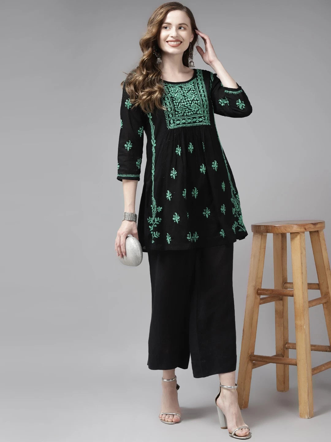 Ada Hand Embroidered Black Cotton Lucknowi Chikankari Kurti A911173
