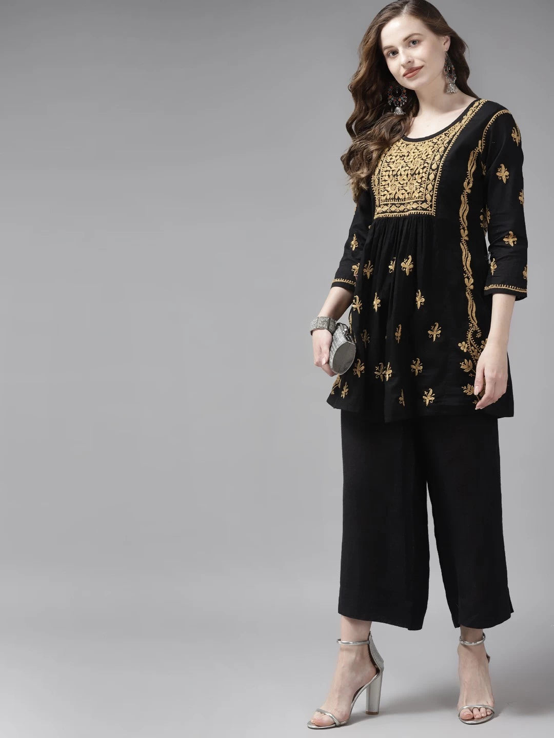 Ada Hand Embroidered Black Cotton Lucknowi Chikankari Short Kurti A911171