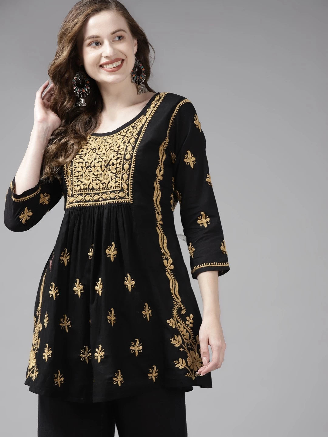 Ada Hand Embroidered Black Cotton Lucknowi Chikankari Short Kurti A911171