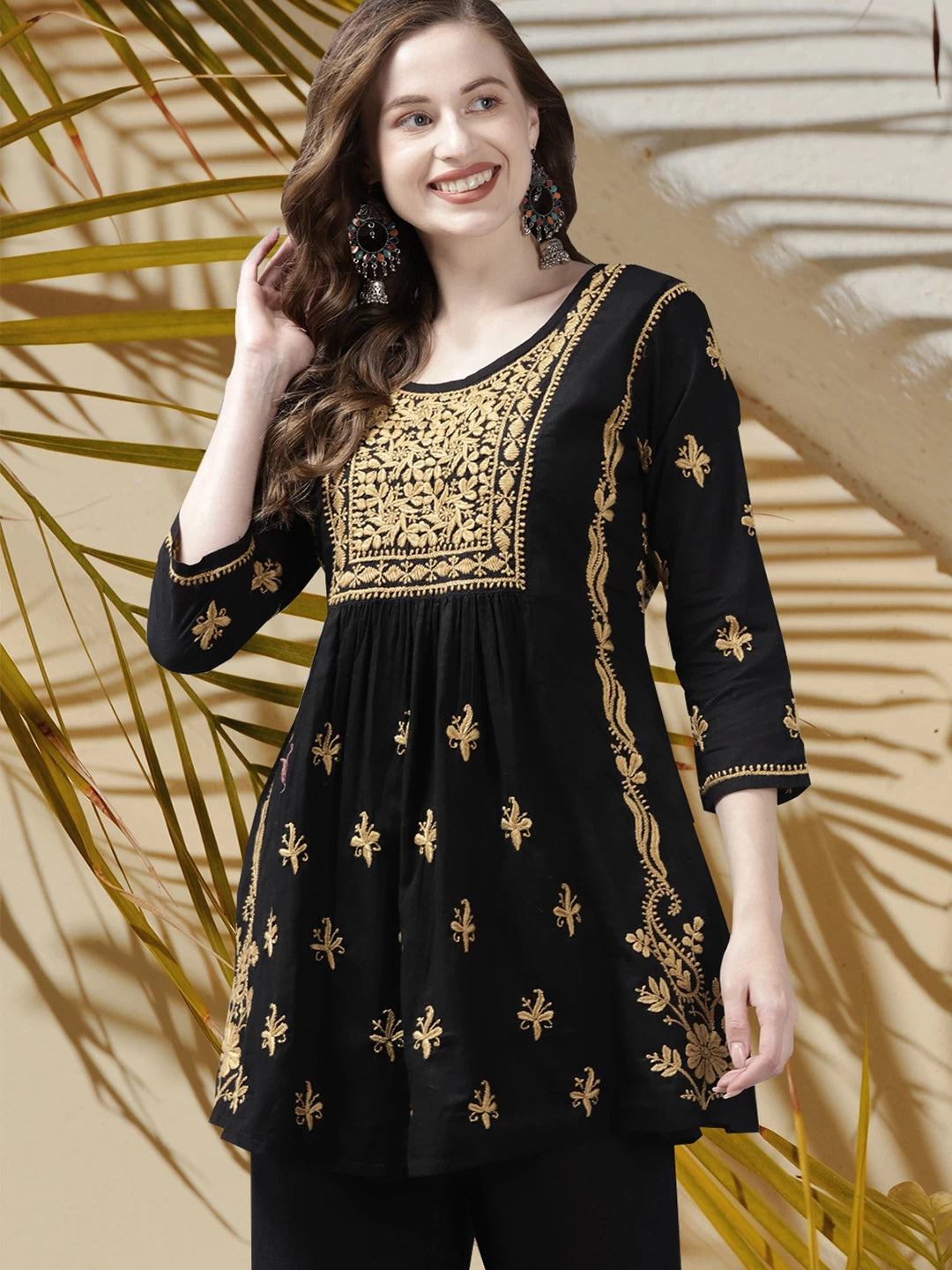 Ada Hand Embroidered Black Cotton Lucknowi Chikankari Short Kurti A911171