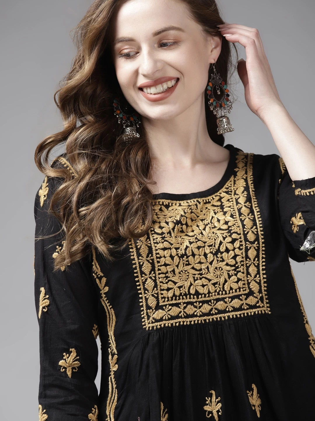 Ada Hand Embroidered Black Cotton Lucknowi Chikankari Short Kurti A911171