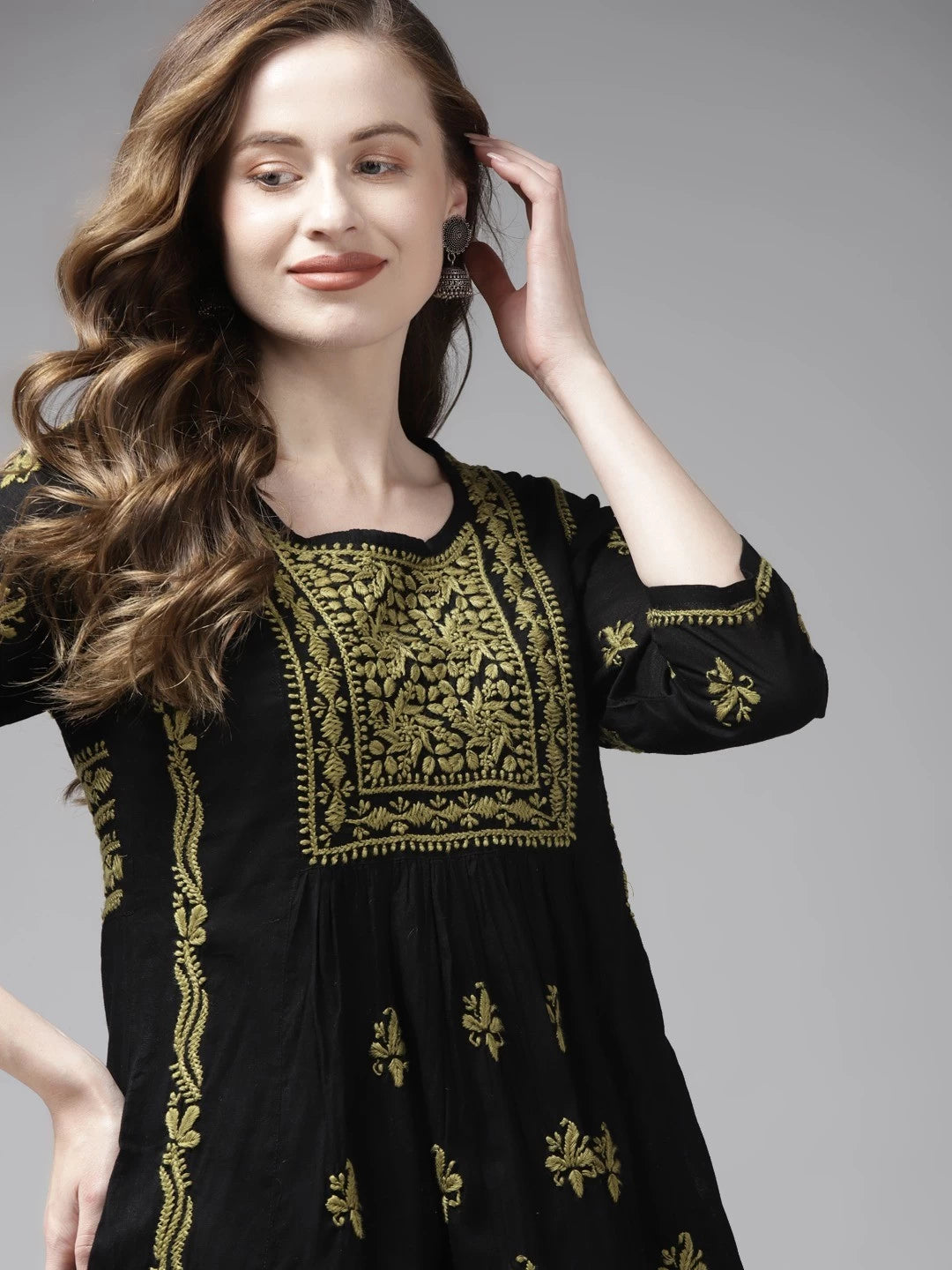 Ada Hand Embroidered Black Cotton Lucknowi Chikankari Kurti A911176