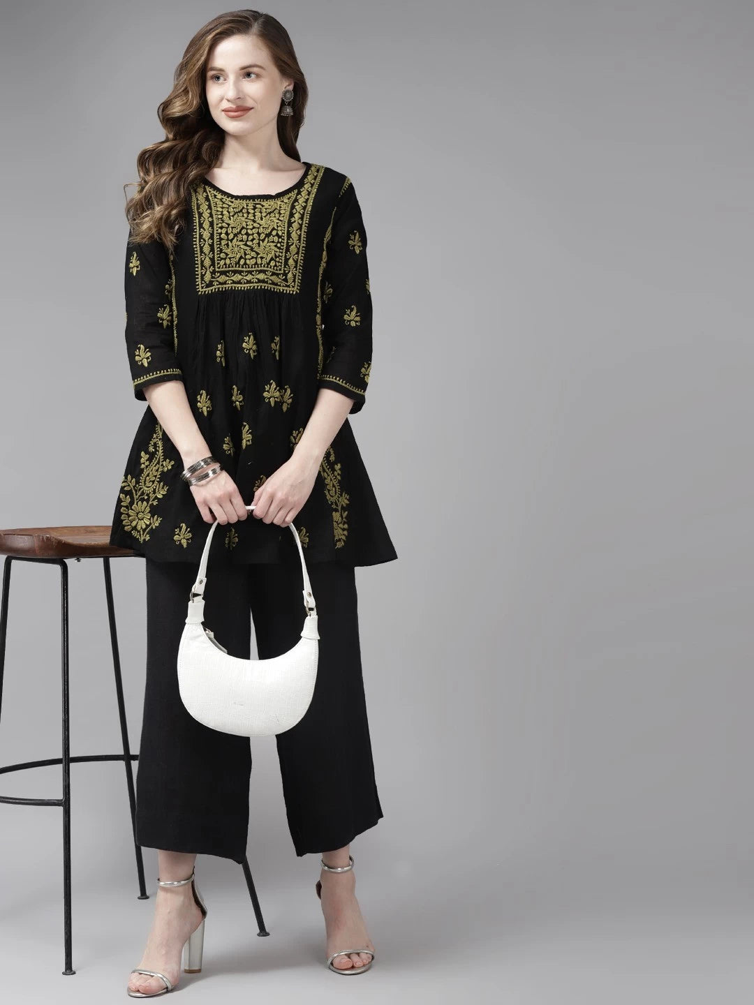 Ada Hand Embroidered Black Cotton Lucknowi Chikankari Kurti A911176