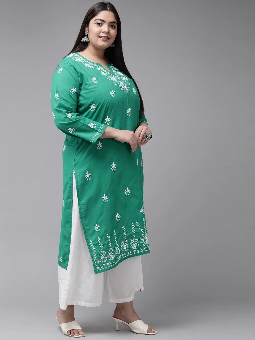 Ada Hand Embroidered Green Cotton Lucknowi Chikankari Straight Kurta A210523