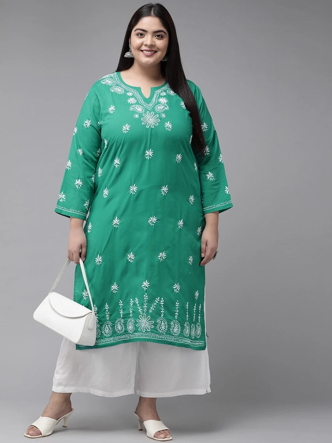 Ada Hand Embroidered Green Cotton Lucknowi Chikankari Straight Kurta A210523