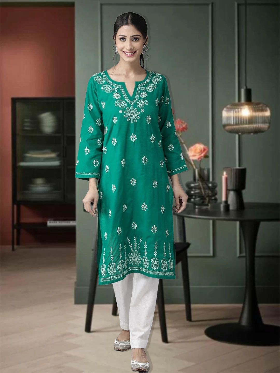 Ada Hand Embroidered Green Cotton Lucknowi Chikankari Straight Kurta A210523