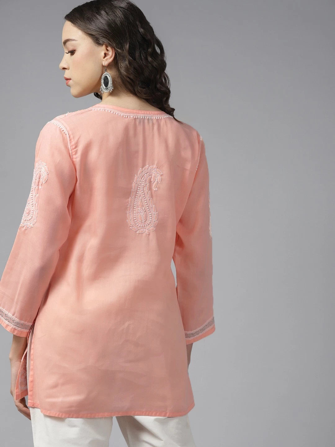 Ada Hand Embroidered Peach Cotton Lucknow Chikankari Kurti with Zari Work A911190