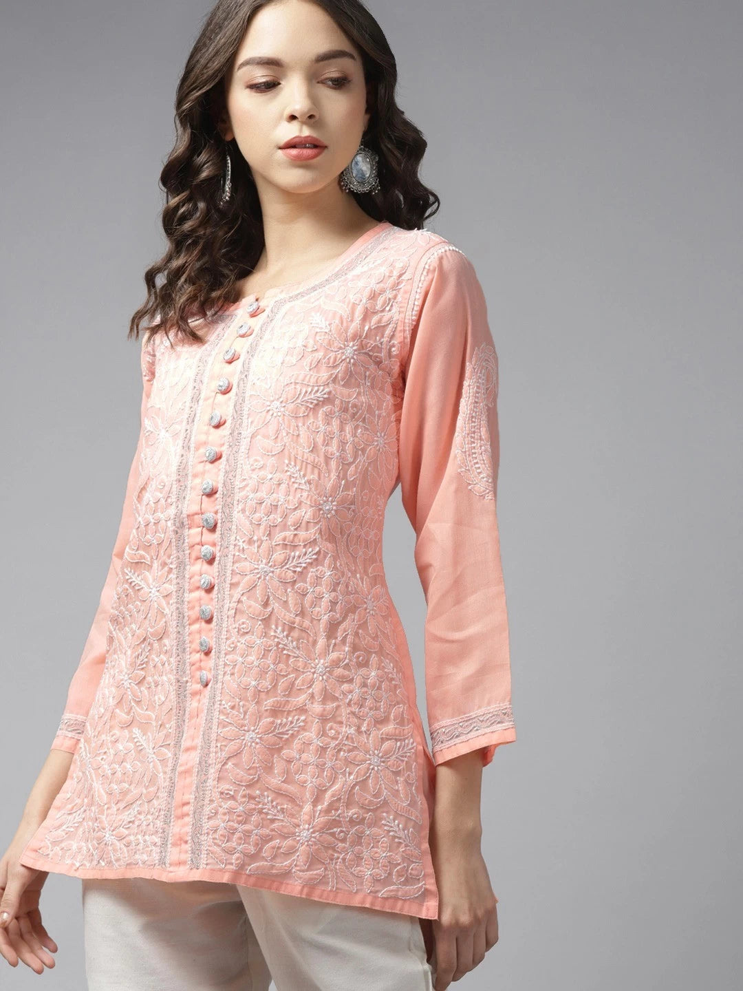 Ada Hand Embroidered Peach Cotton Lucknow Chikankari Kurti with Zari Work A911190