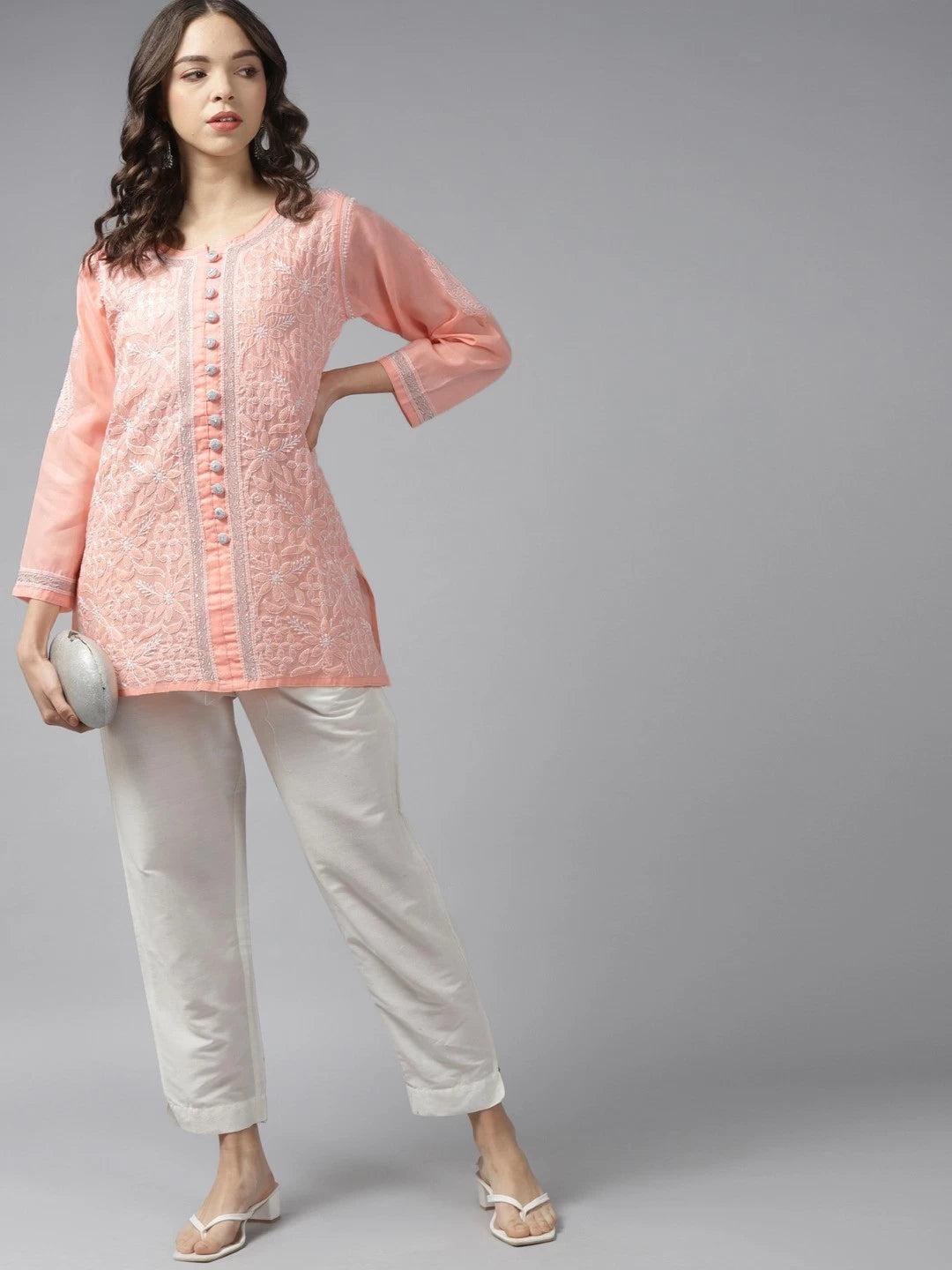 Ada Hand Embroidered Peach Cotton Lucknow Chikankari Kurti with Zari Work A911190
