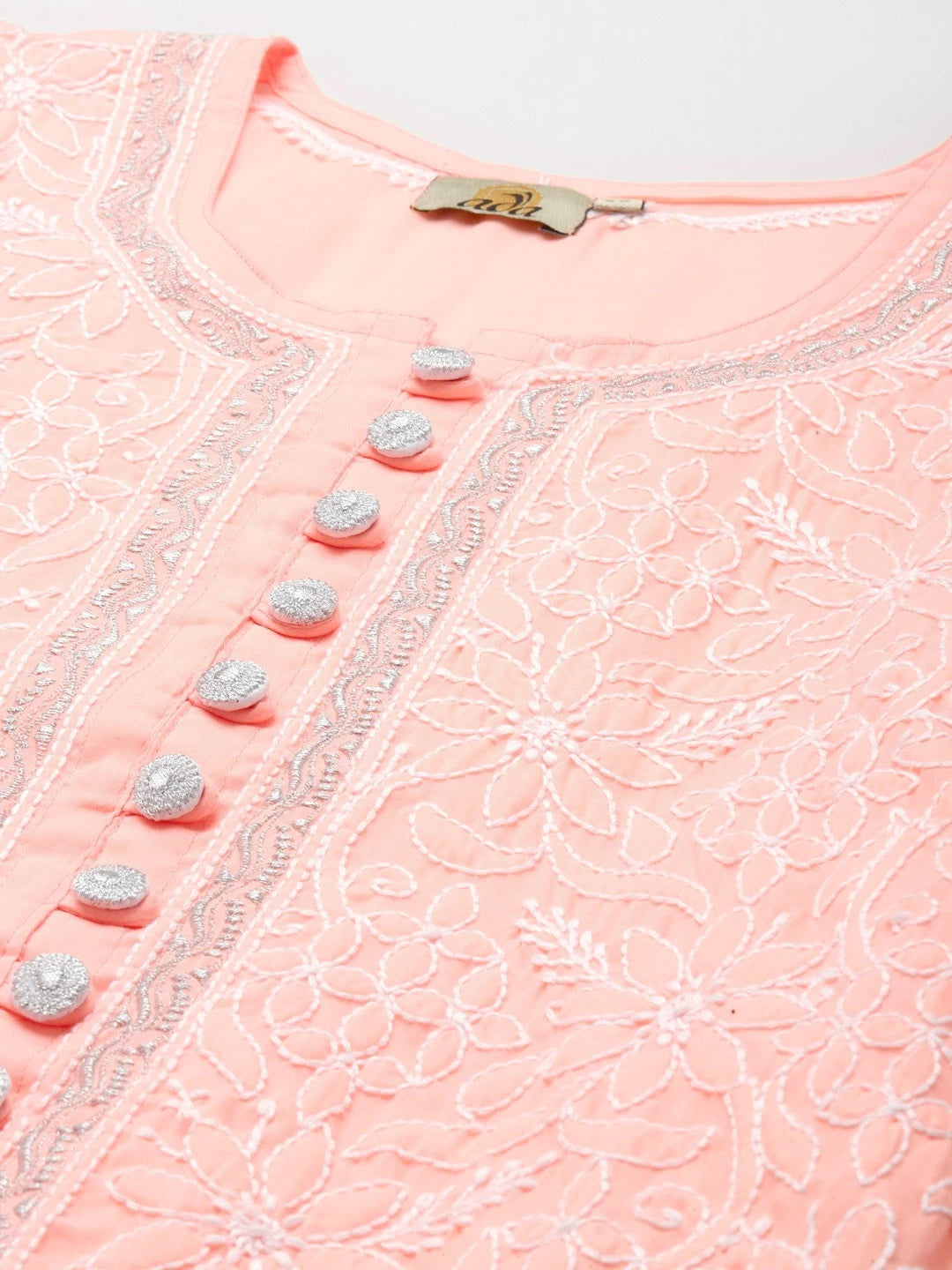 Ada Hand Embroidered Peach Cotton Lucknow Chikankari Kurti with Zari Work A911190