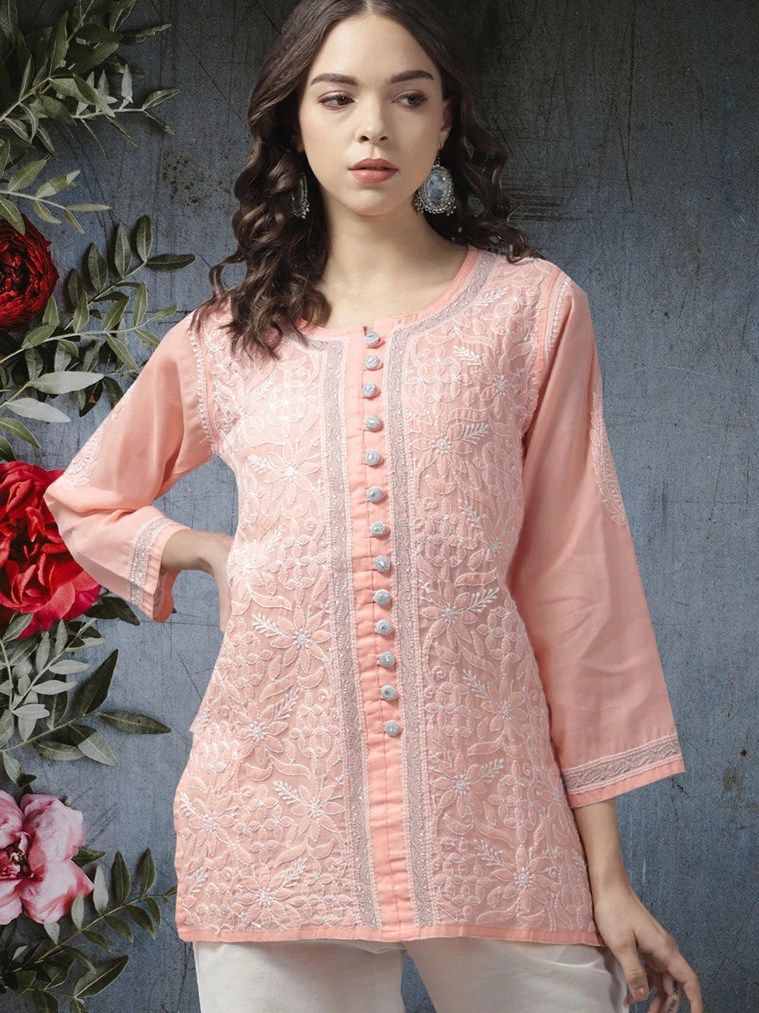 Ada Hand Embroidered Peach Cotton Lucknow Chikankari Kurti with Zari Work A911190