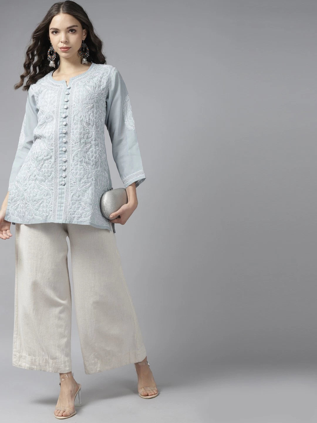 Ada Hand Embroidered Grey Cotton Lucknowi Chikankari Short Kurti With Zari Work A911191