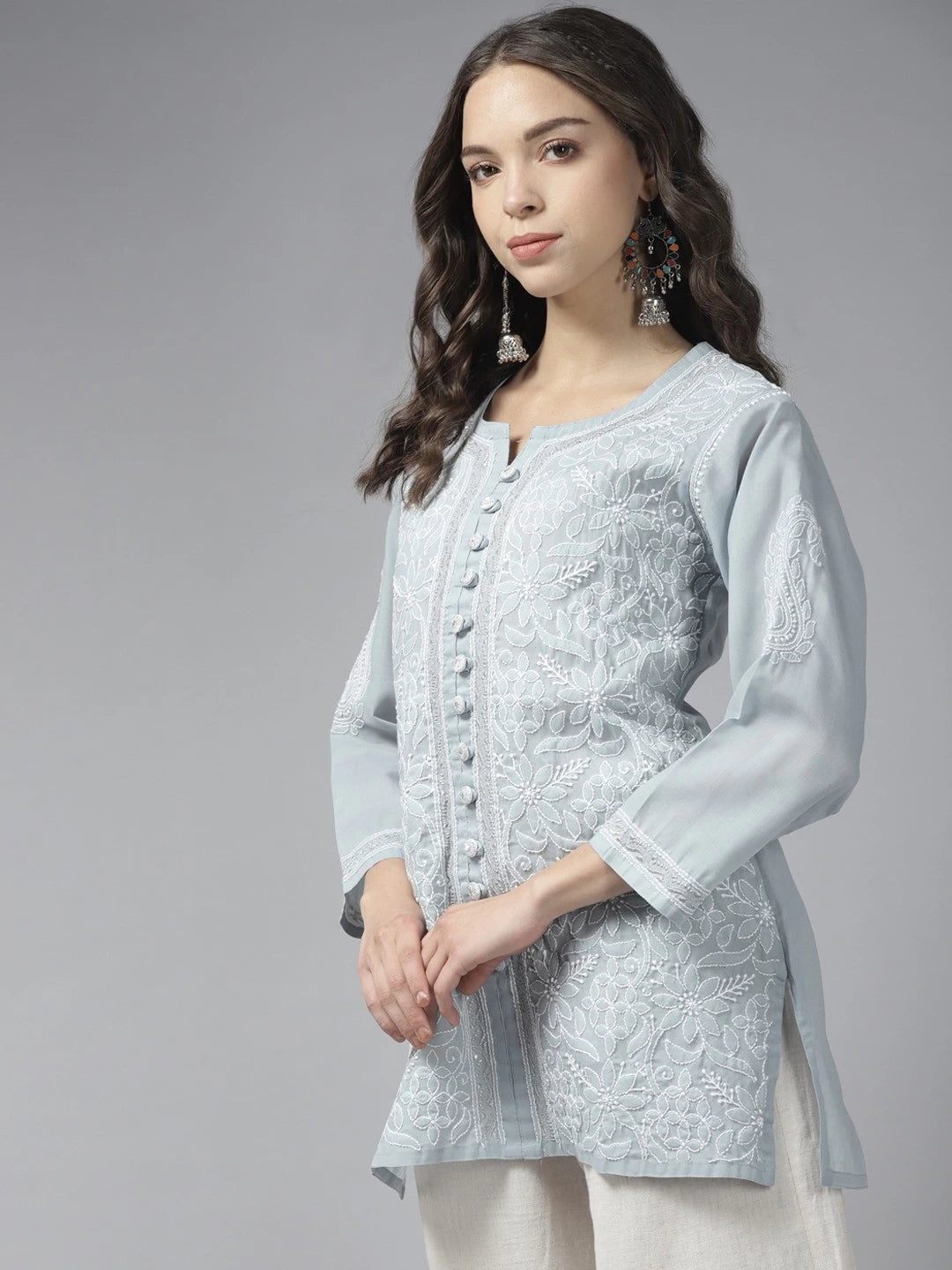 Ada Hand Embroidered Grey Cotton Lucknowi Chikankari Short Kurti With Zari Work A911191