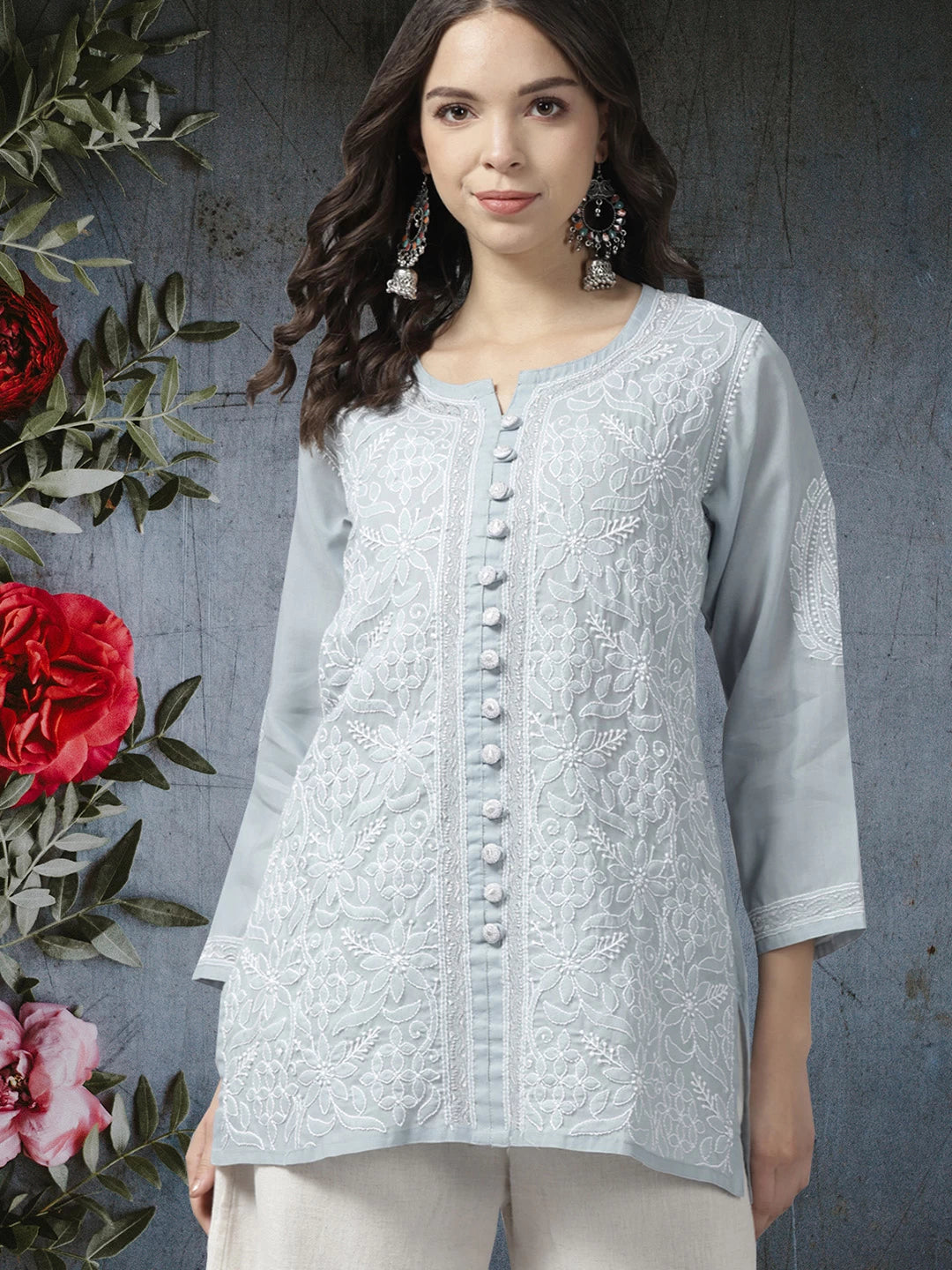 Ada Hand Embroidered Grey Cotton Lucknowi Chikankari Short Kurti With Zari Work A911191