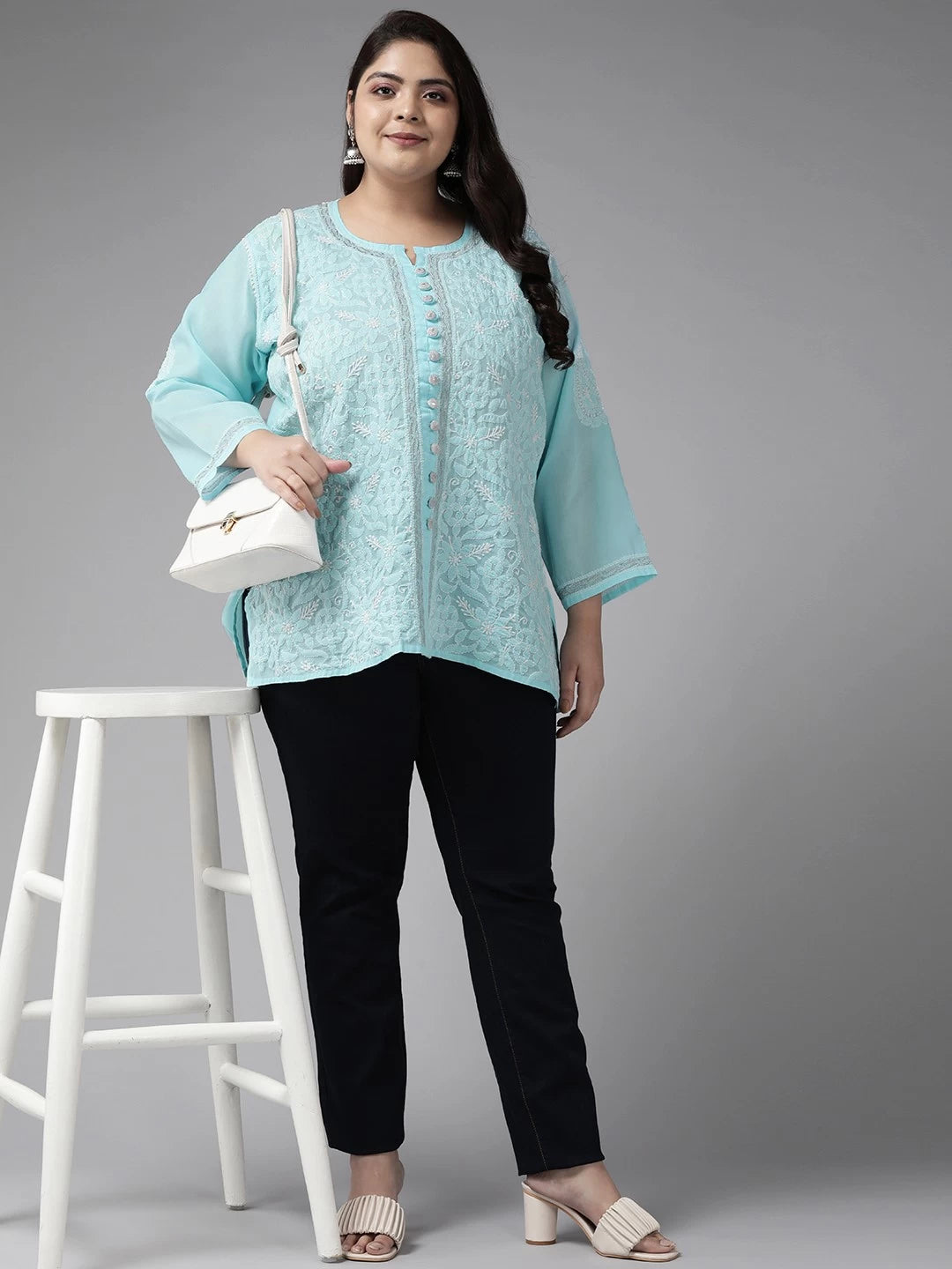 Ada Hand Embroidered Blue Cotton Lucknowi Chikankari Short Kurti With Zari Work A911194