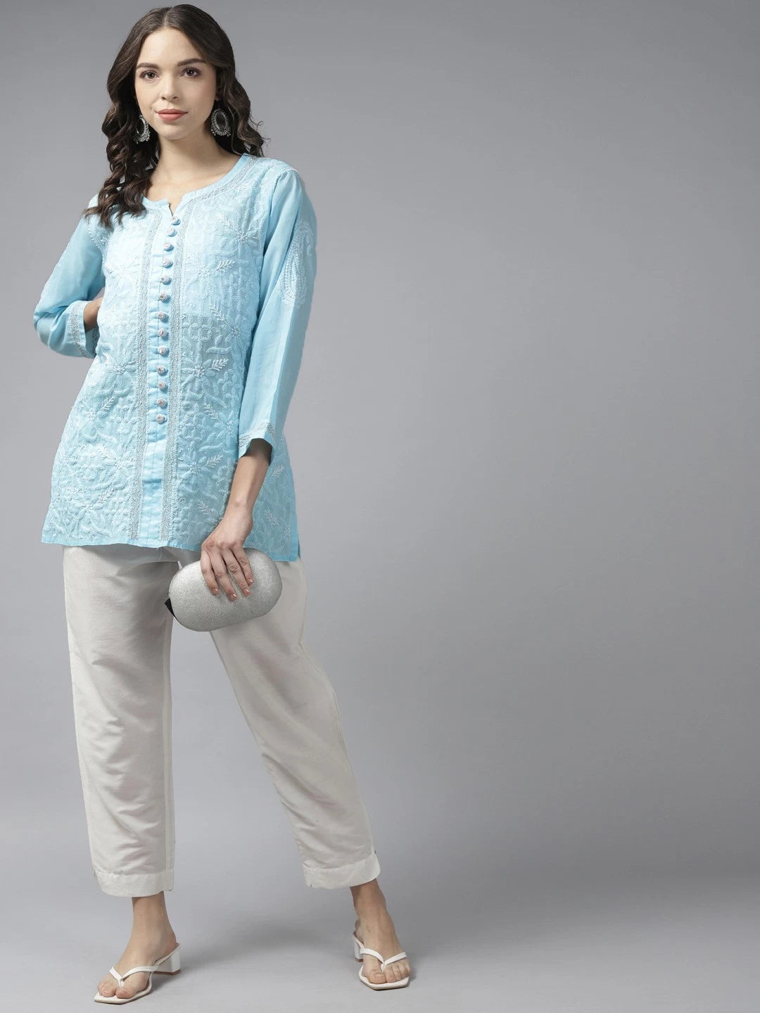 Ada Hand Embroidered Blue Cotton Lucknowi Chikankari Short Kurti With Zari Work A911194