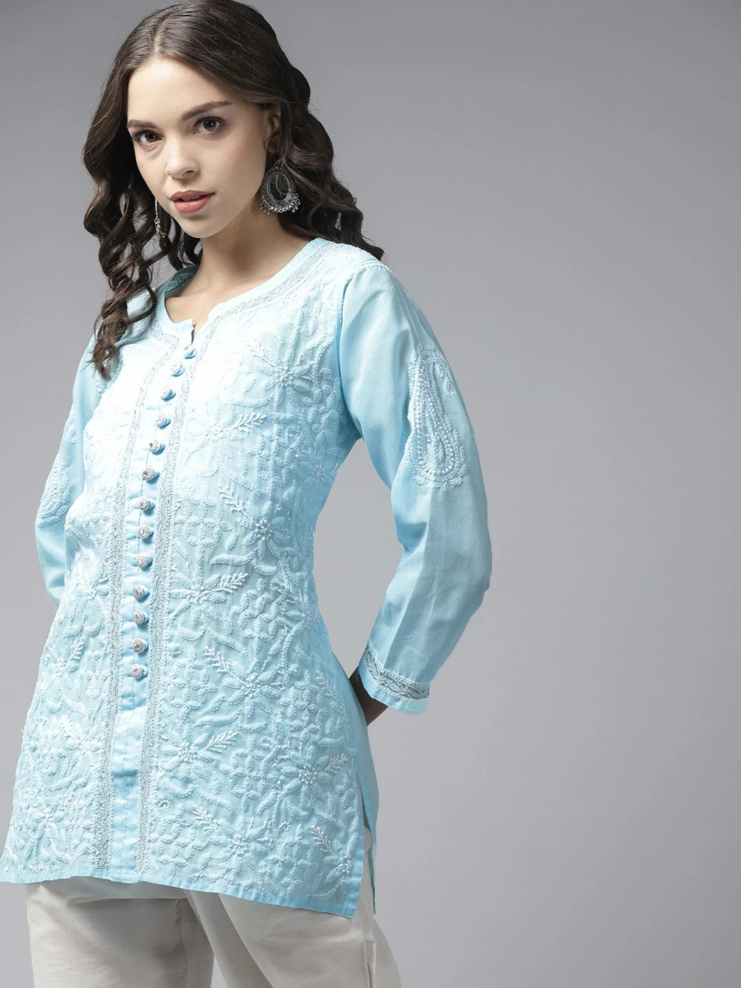 Ada Hand Embroidered Blue Cotton Lucknowi Chikankari Short Kurti With Zari Work A911194
