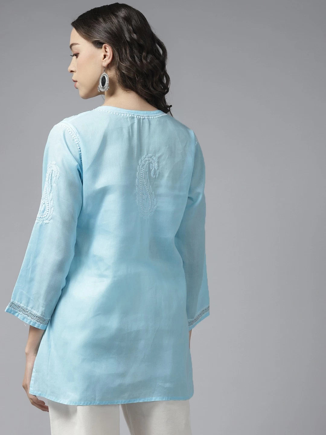 Ada Hand Embroidered Blue Cotton Lucknowi Chikankari Short Kurti With Zari Work A911194