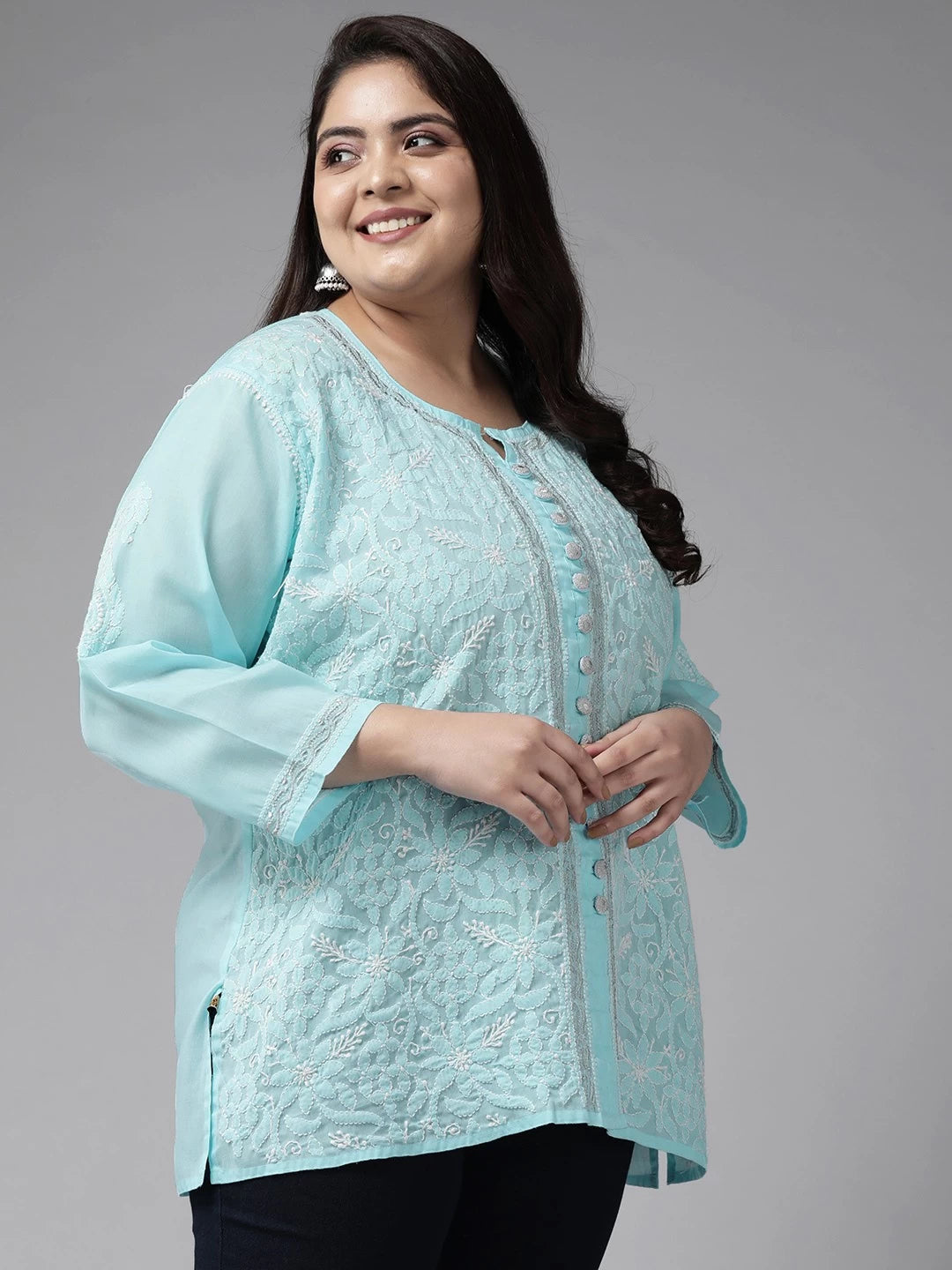 Ada Hand Embroidered Blue Cotton Lucknowi Chikankari Short Kurti With Zari Work A911194