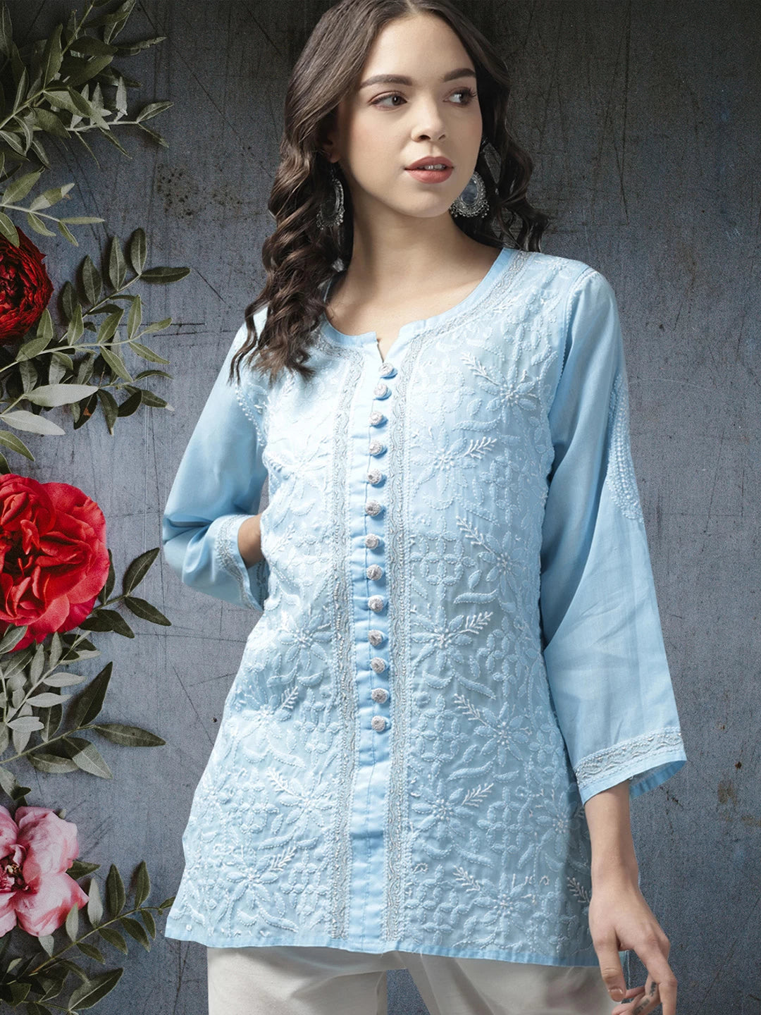 Ada Hand Embroidered Blue Cotton Lucknowi Chikankari Short Kurti With Zari Work A911194