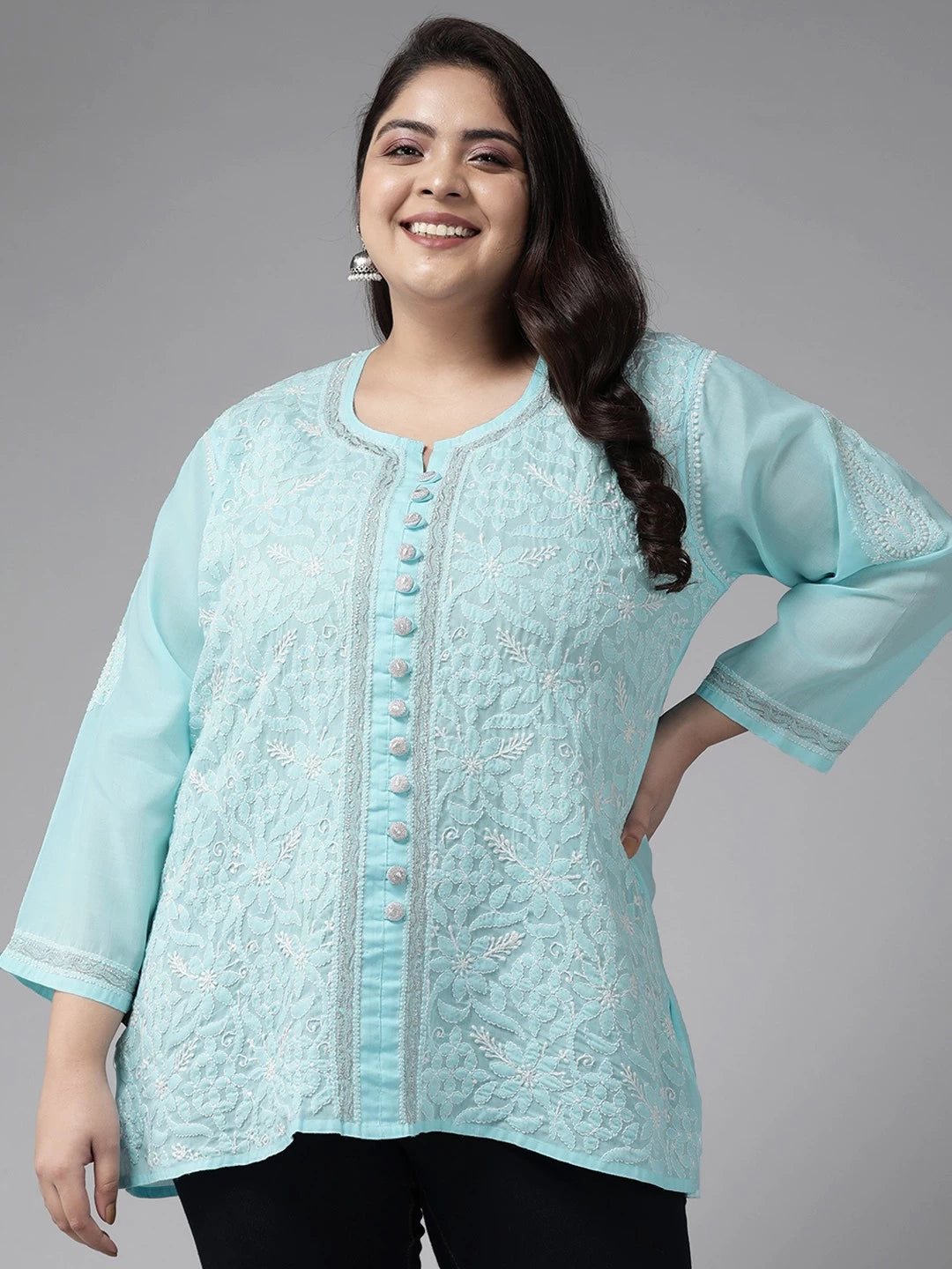 Ada Hand Embroidered Blue Cotton Lucknowi Chikankari Short Kurti With Zari Work A911194