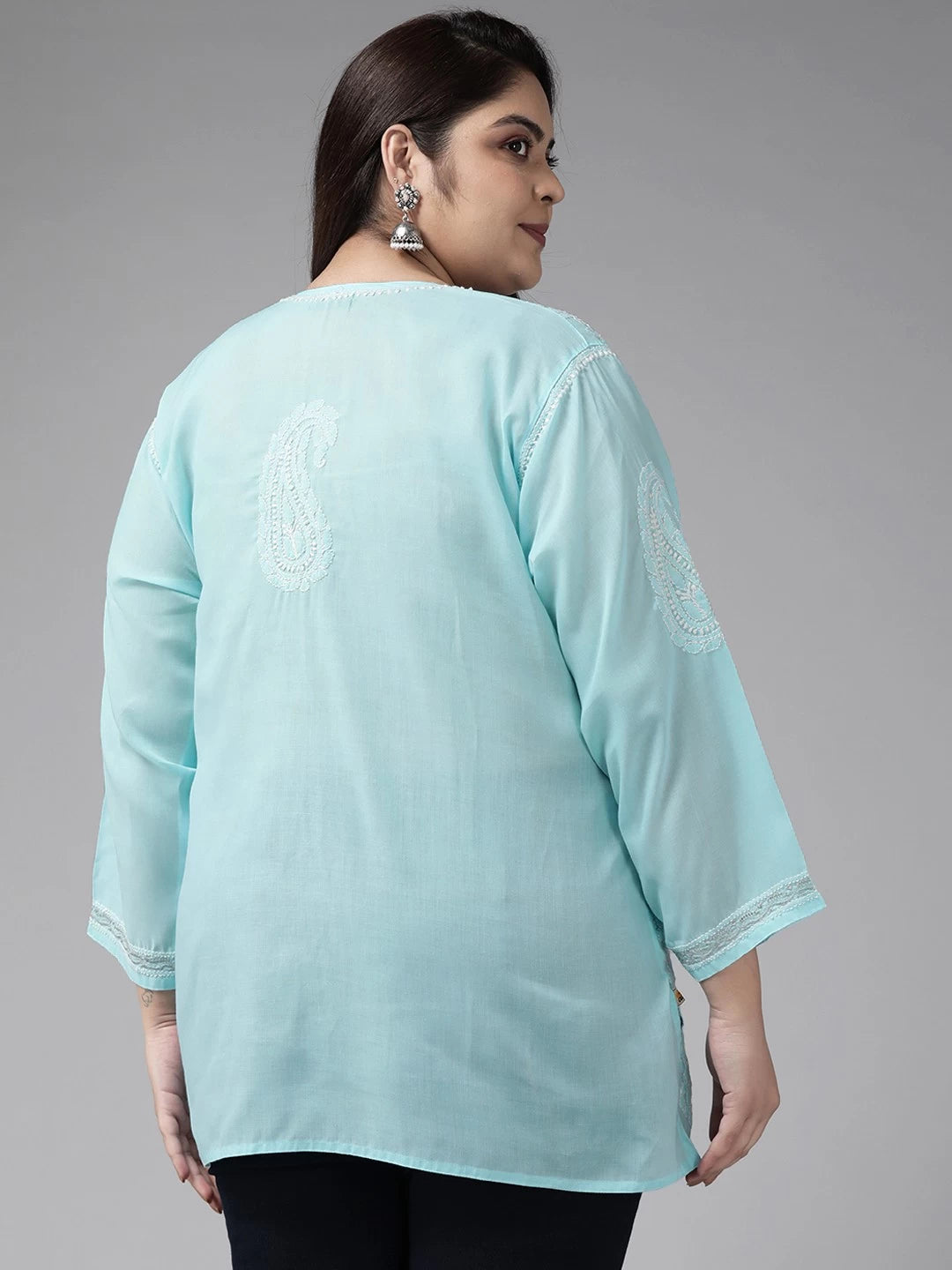 Ada Hand Embroidered Blue Cotton Lucknowi Chikankari Short Kurti With Zari Work A911194