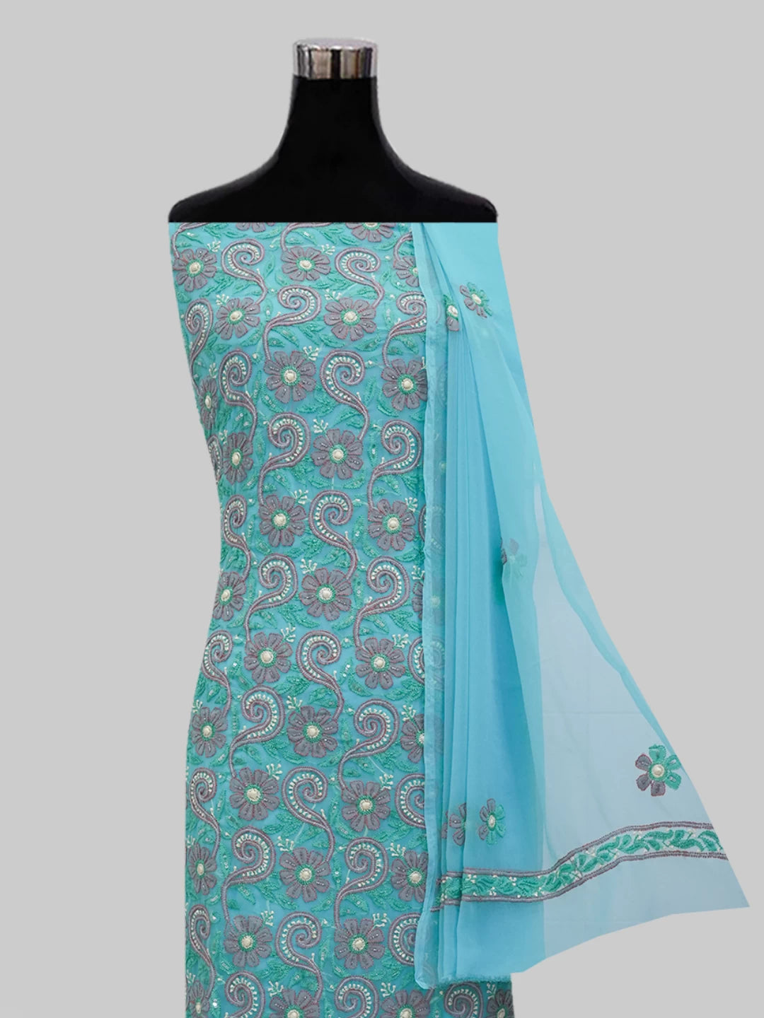 Ada Hand Embroidered Blue Georgette Lucknowi Chikankari Unstitched Suit Piece With Cutdana Work 01A354676