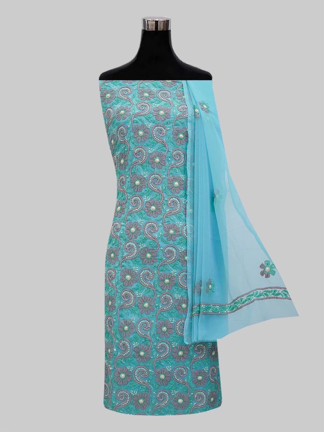 Ada Hand Embroidered Blue Georgette Lucknowi Chikankari Unstitched Suit Piece With Cutdana Work 01A354676