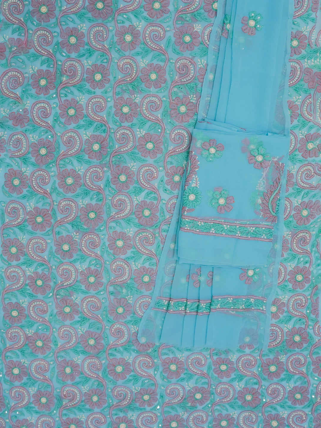 Ada Hand Embroidered Blue Georgette Lucknowi Chikankari Unstitched Suit Piece With Cutdana Work 01A354676