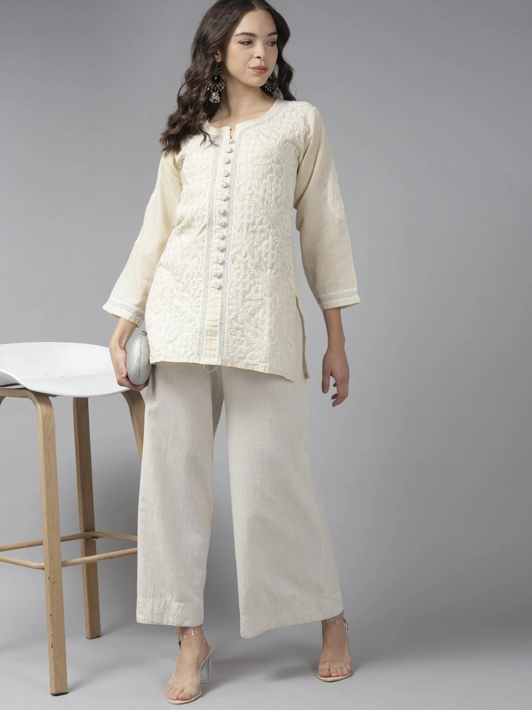 Ada Hand Embroidered Fawn Cotton Lucknowi Chikankari Kurti With Zari Work A911195