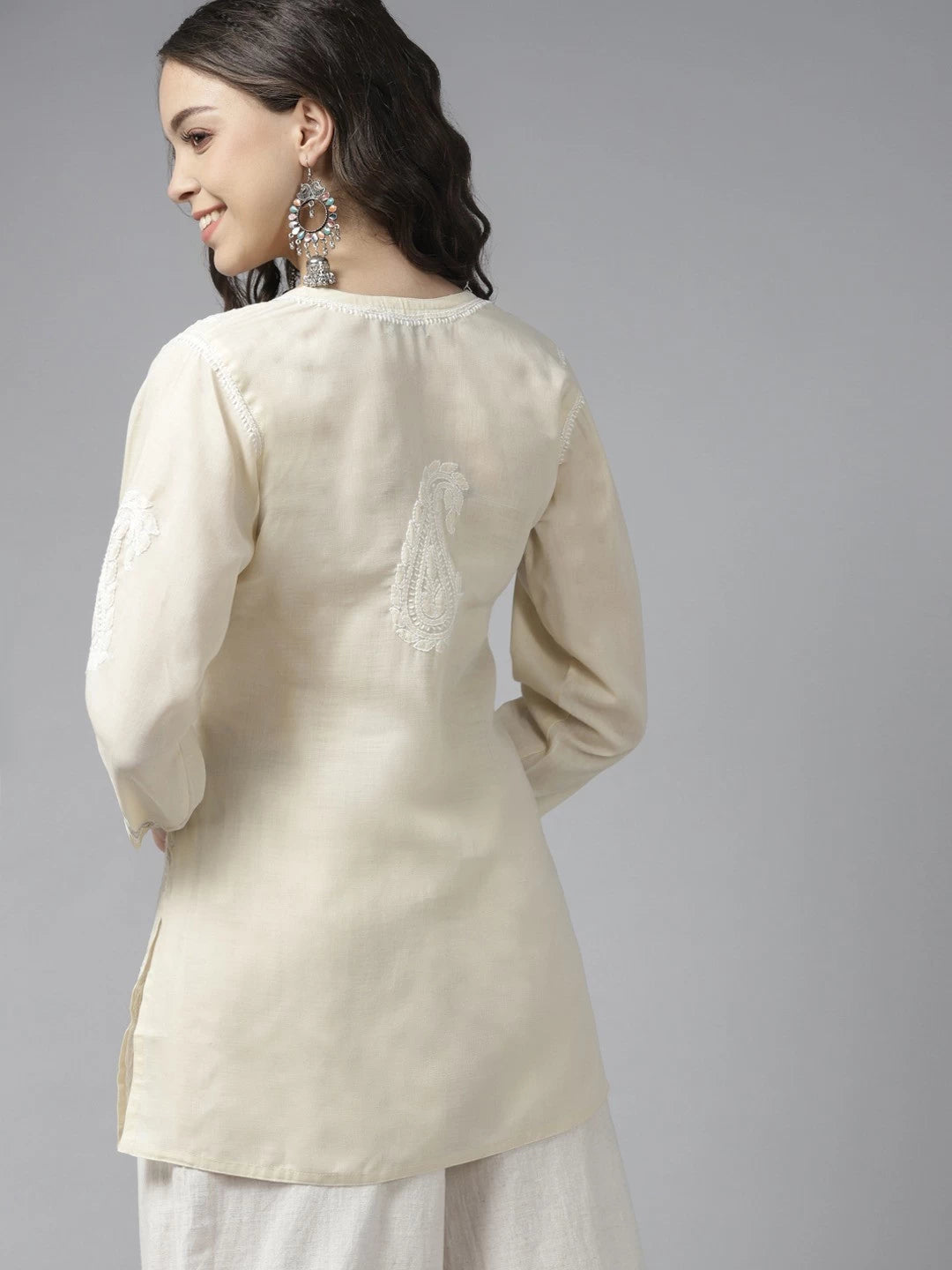 Ada Hand Embroidered Fawn Cotton Lucknowi Chikankari Kurti With Zari Work A911195