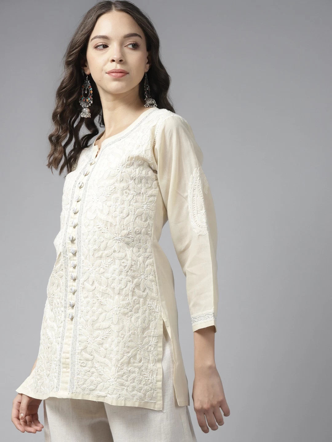 Ada Hand Embroidered Fawn Cotton Lucknowi Chikankari Kurti With Zari Work A911195