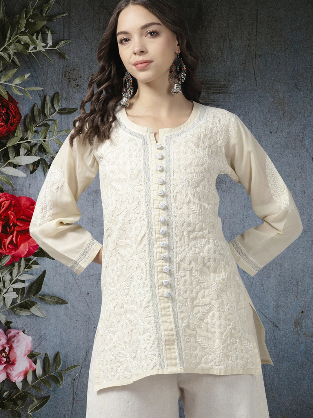 Ada Hand Embroidered Fawn Cotton Lucknowi Chikankari Kurti With Zari Work A911195