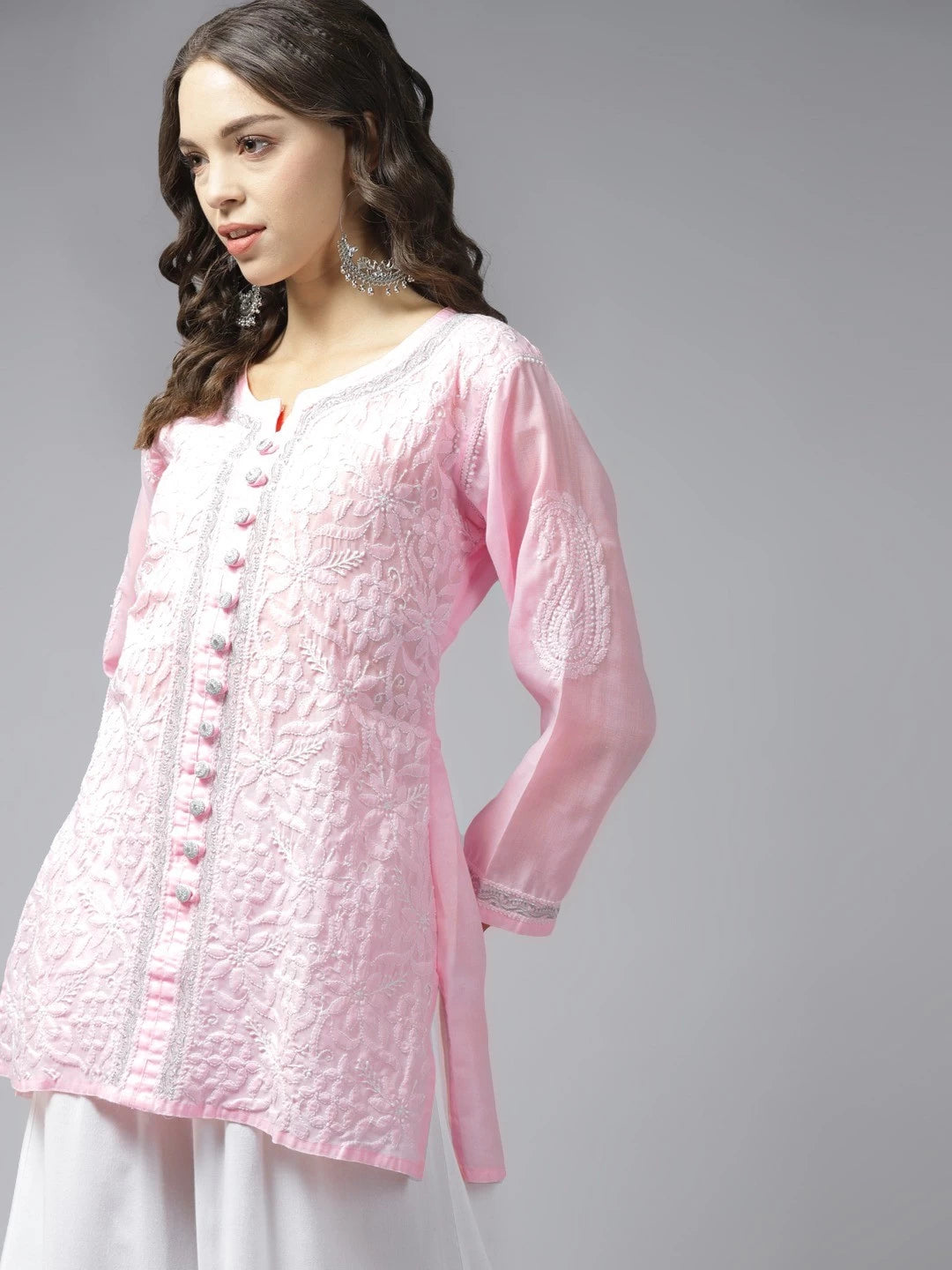 Ada Hand Embroidered Pink Cotton Lucknowi Chikankari Short Kurti With Zari Work A911189