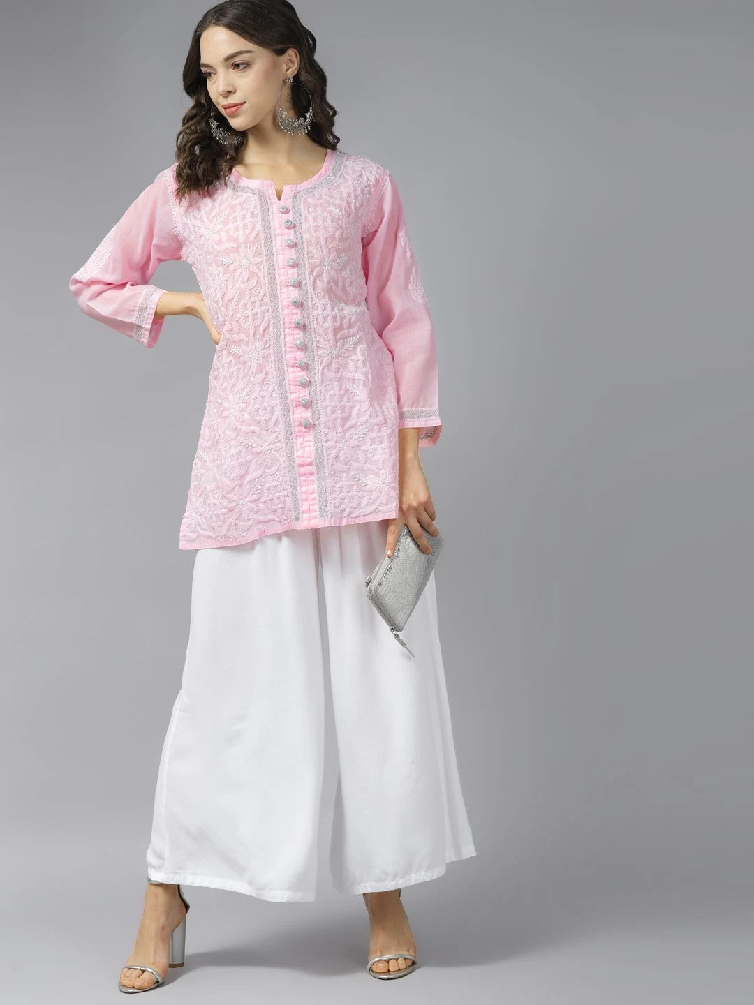 Ada Hand Embroidered Pink Cotton Lucknowi Chikankari Short Kurti With Zari Work A911189