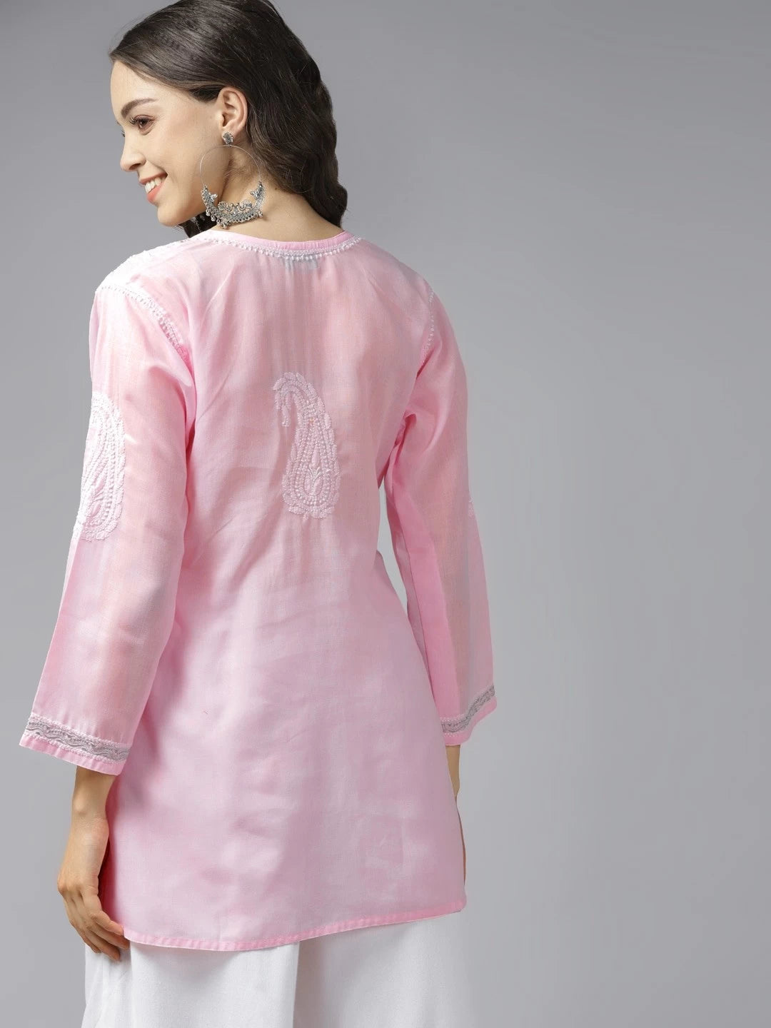 Ada Hand Embroidered Pink Cotton Lucknowi Chikankari Short Kurti With Zari Work A911189