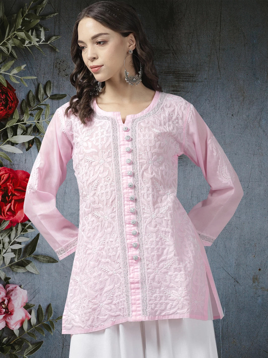 Ada Hand Embroidered Pink Cotton Lucknowi Chikankari Short Kurti With Zari Work A911189