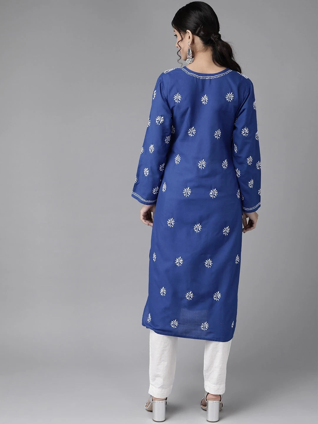 Ada Hand Embroidered Navy Blue Cotton Lucknow Chikankari Straight Kurta A132478