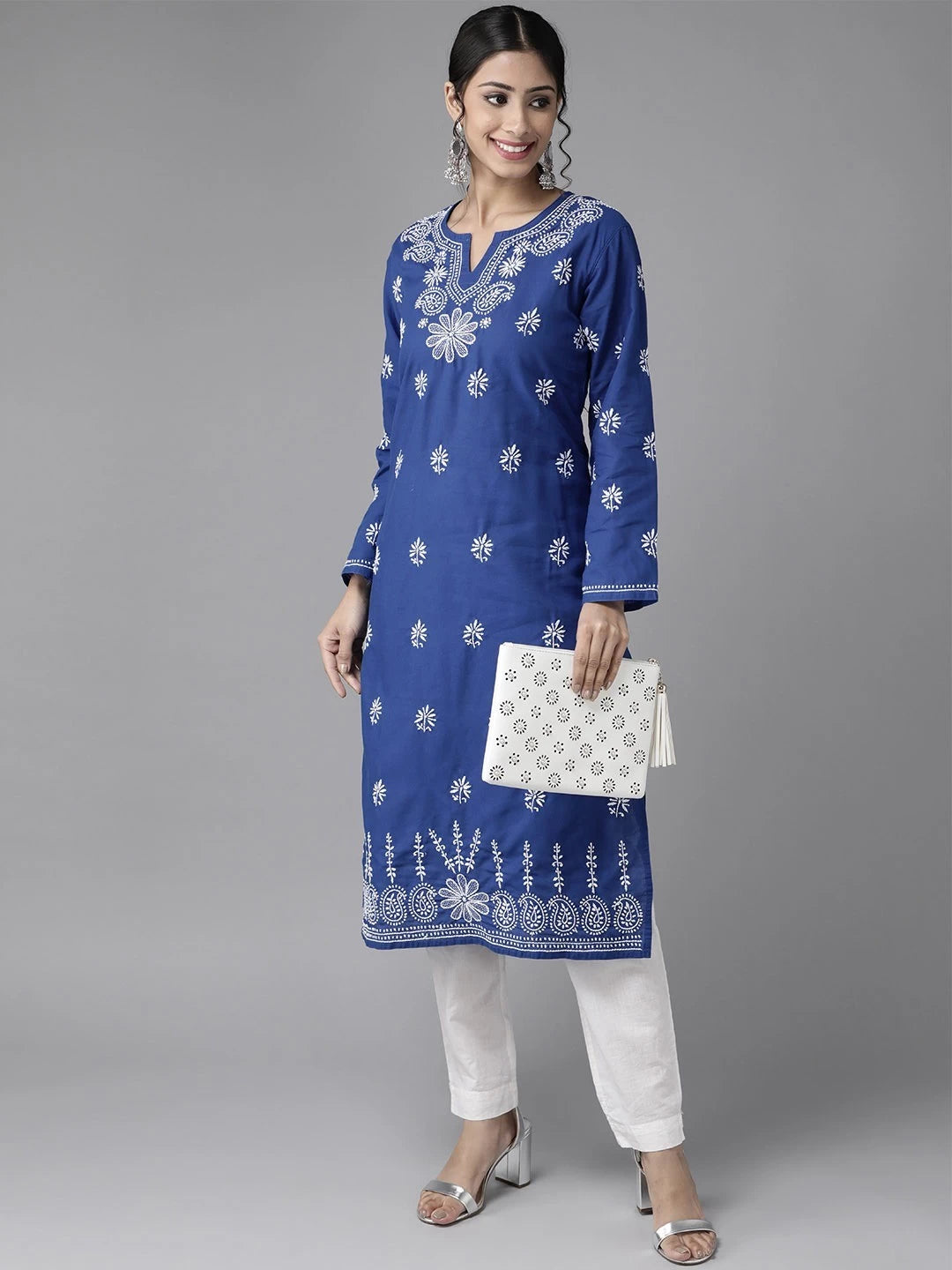 Ada Hand Embroidered Navy Blue Cotton Lucknow Chikankari Straight Kurta A132478