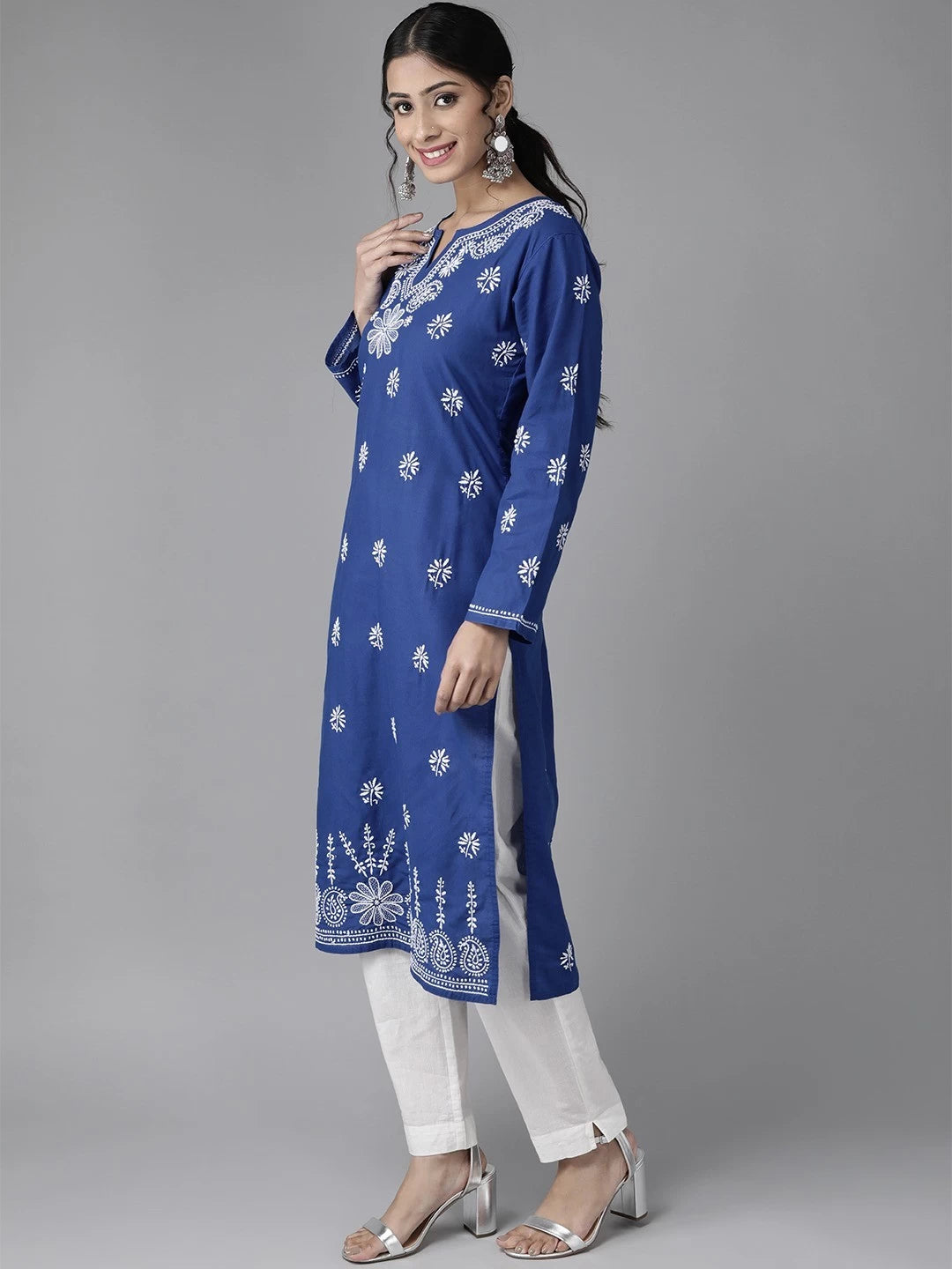 Ada Hand Embroidered Navy Blue Cotton Lucknow Chikankari Straight Kurta A132478