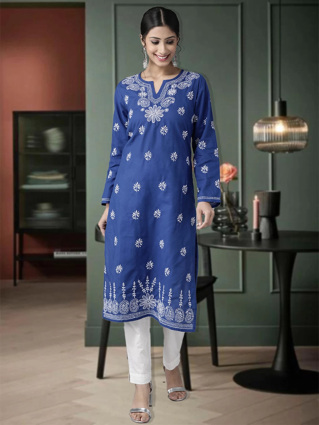 Ada Hand Embroidered Navy Blue Cotton Lucknow Chikankari Straight Kurta A132478