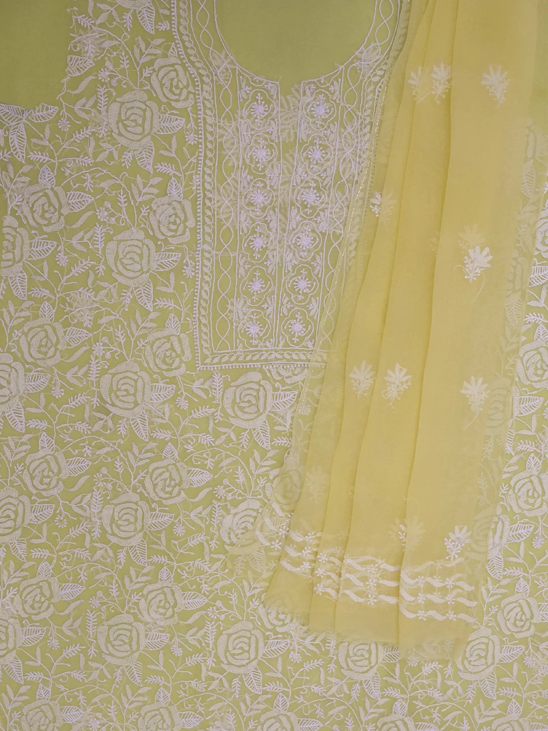 Ada Hand Embroidered Yellow Organza Lucknowi Chikankari Unstitched Kurta Dupatta Set 01A309163