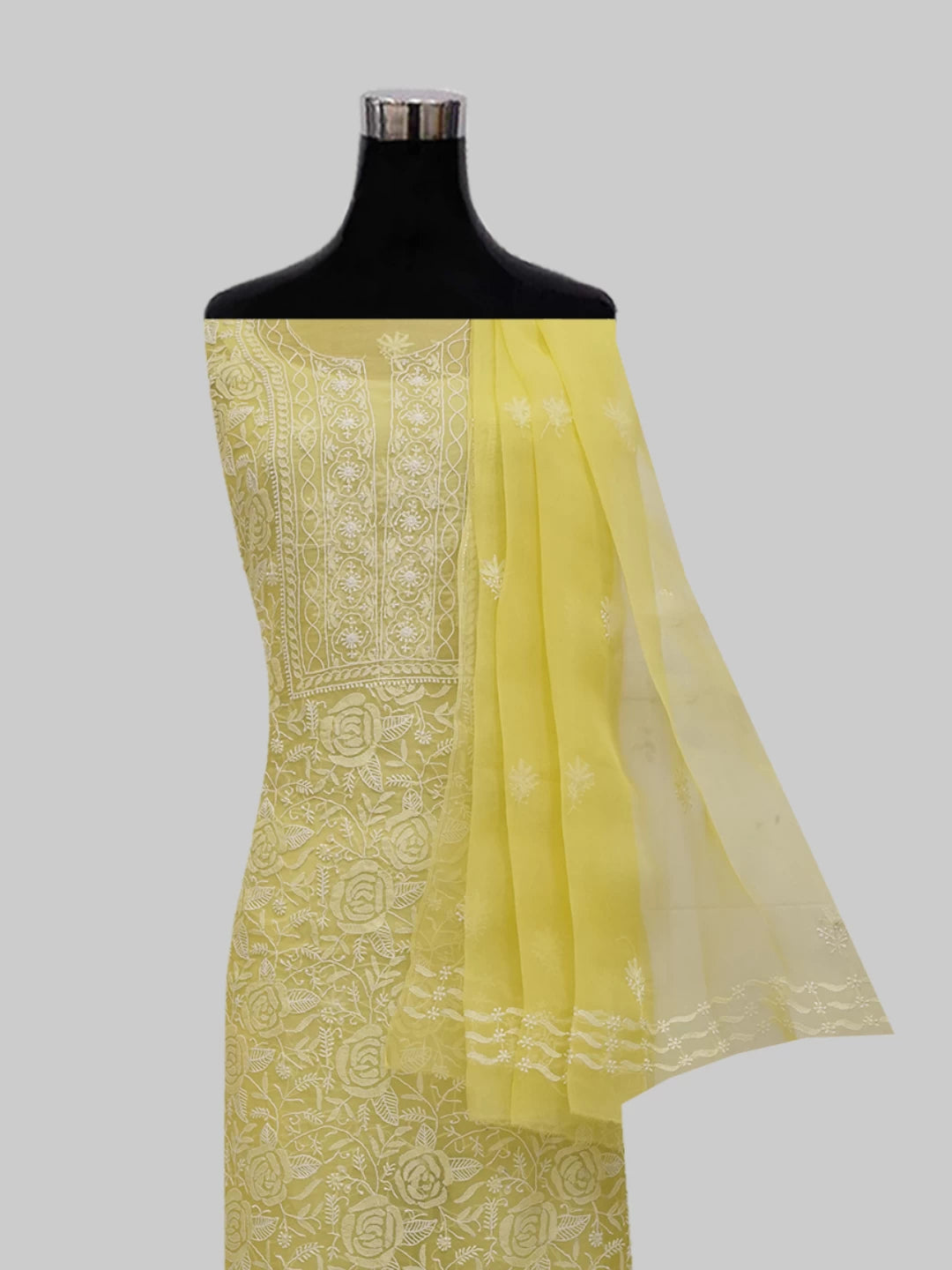 Ada Hand Embroidered Yellow Organza Lucknowi Chikankari Unstitched Kurta Dupatta Set 01A309163