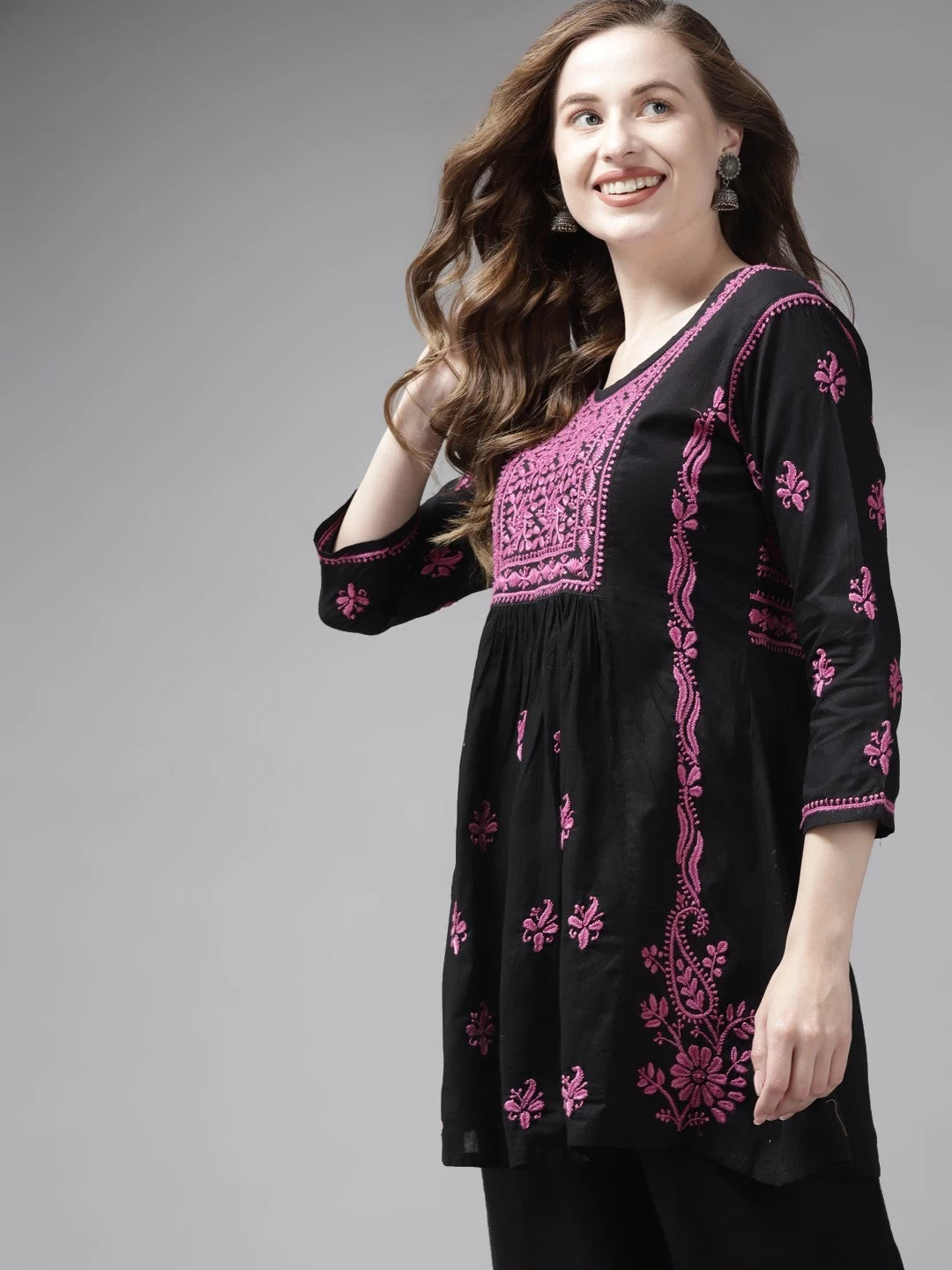 Ada Hand Embroidered Black Cotton Lucknowi Chikankari Short Kurti A911172